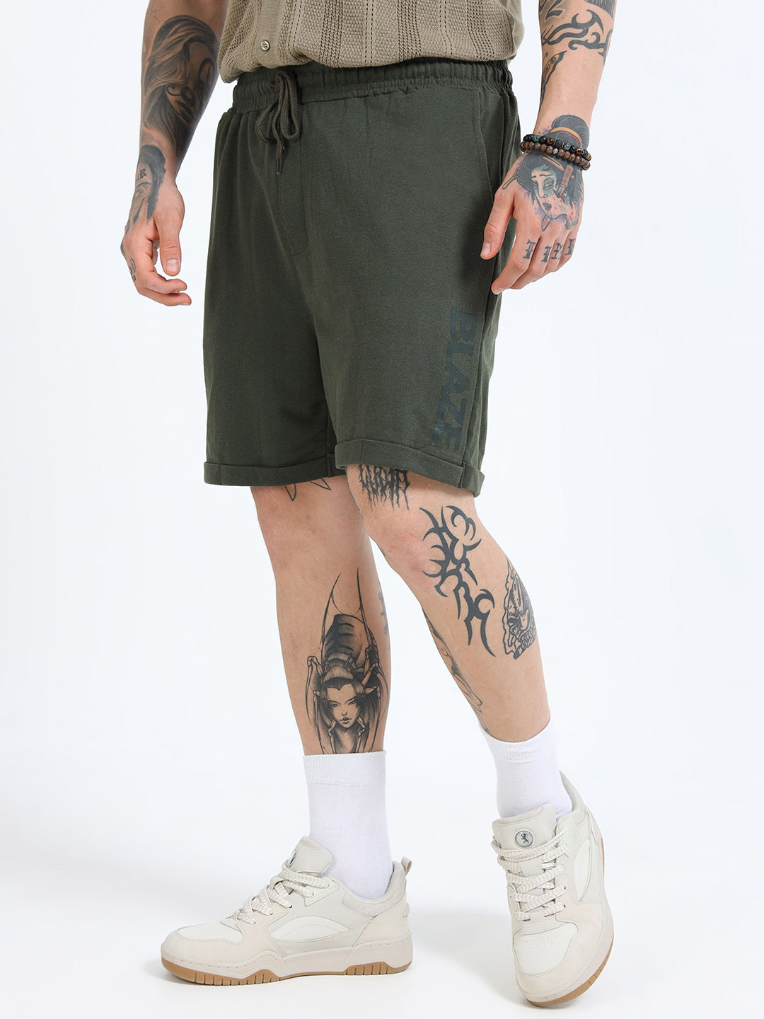 Olive Green Regular Fit Cotton Shorts with Drawstring