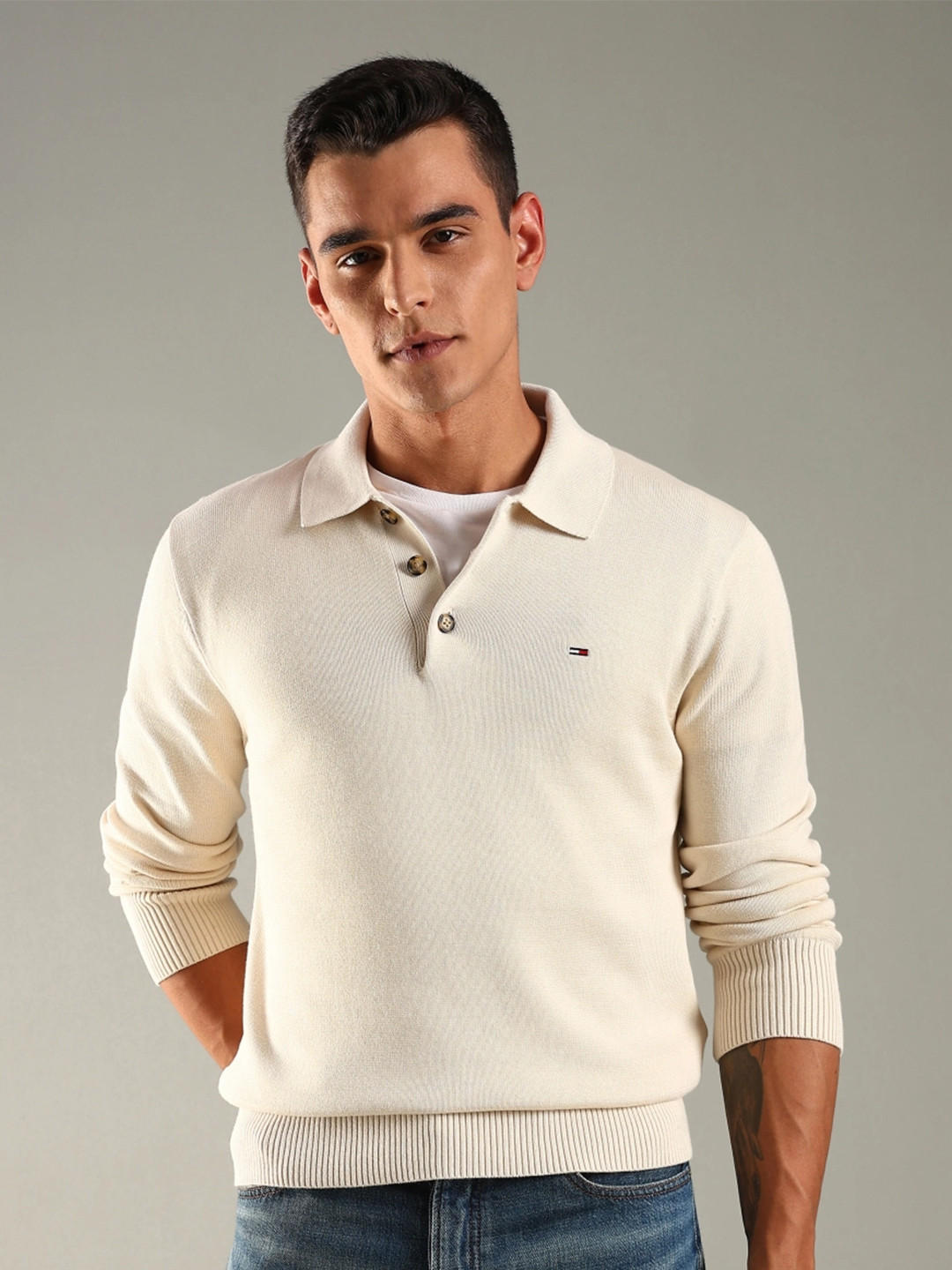 Tommy Hilfiger Men Solid Long Sleeves Shirt Collar Sweatshirt