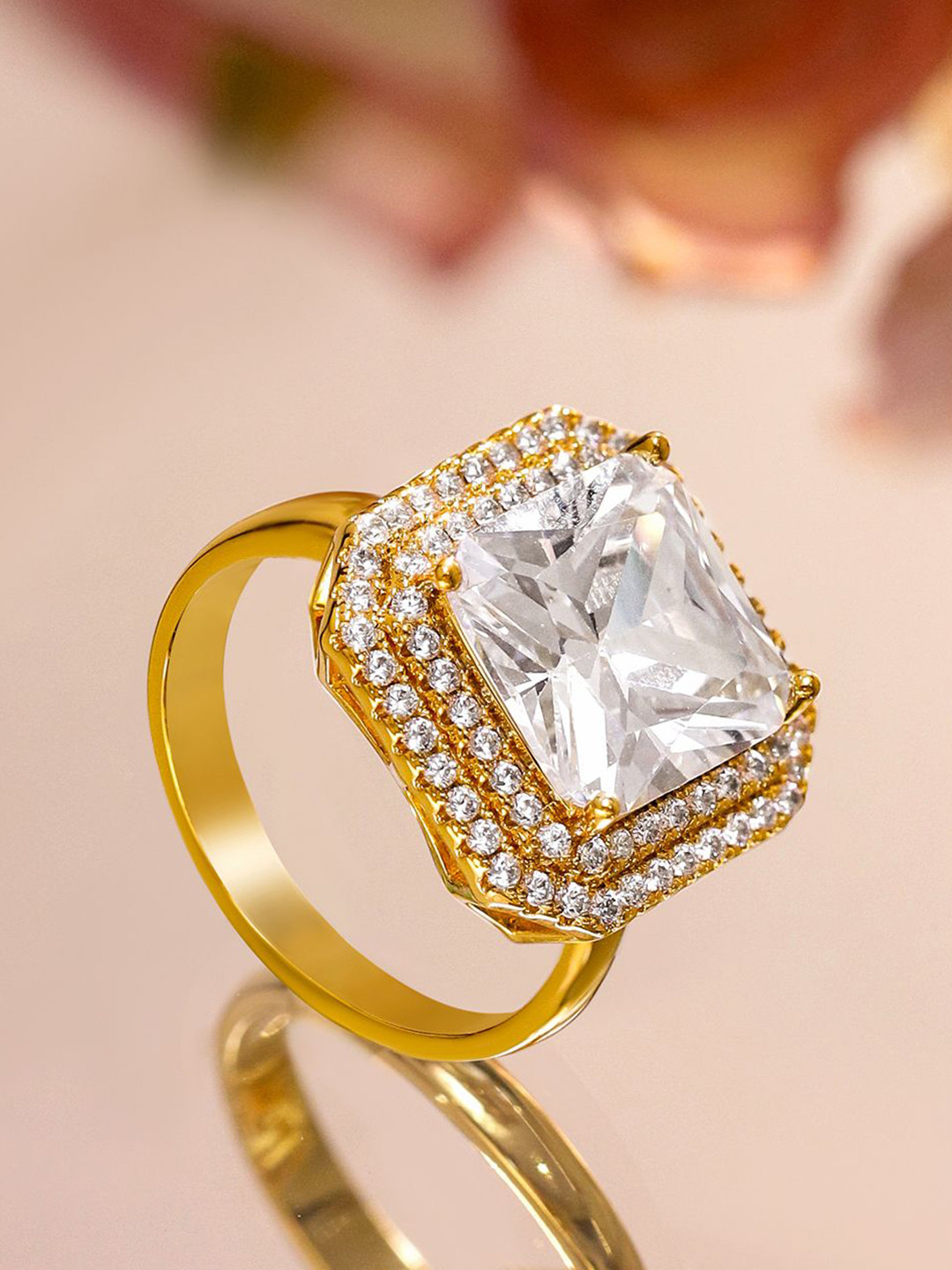Rubans 18K Gold-Plated Square-Cut Cubic Zirconia Halo Design Adjustable Statement Ring