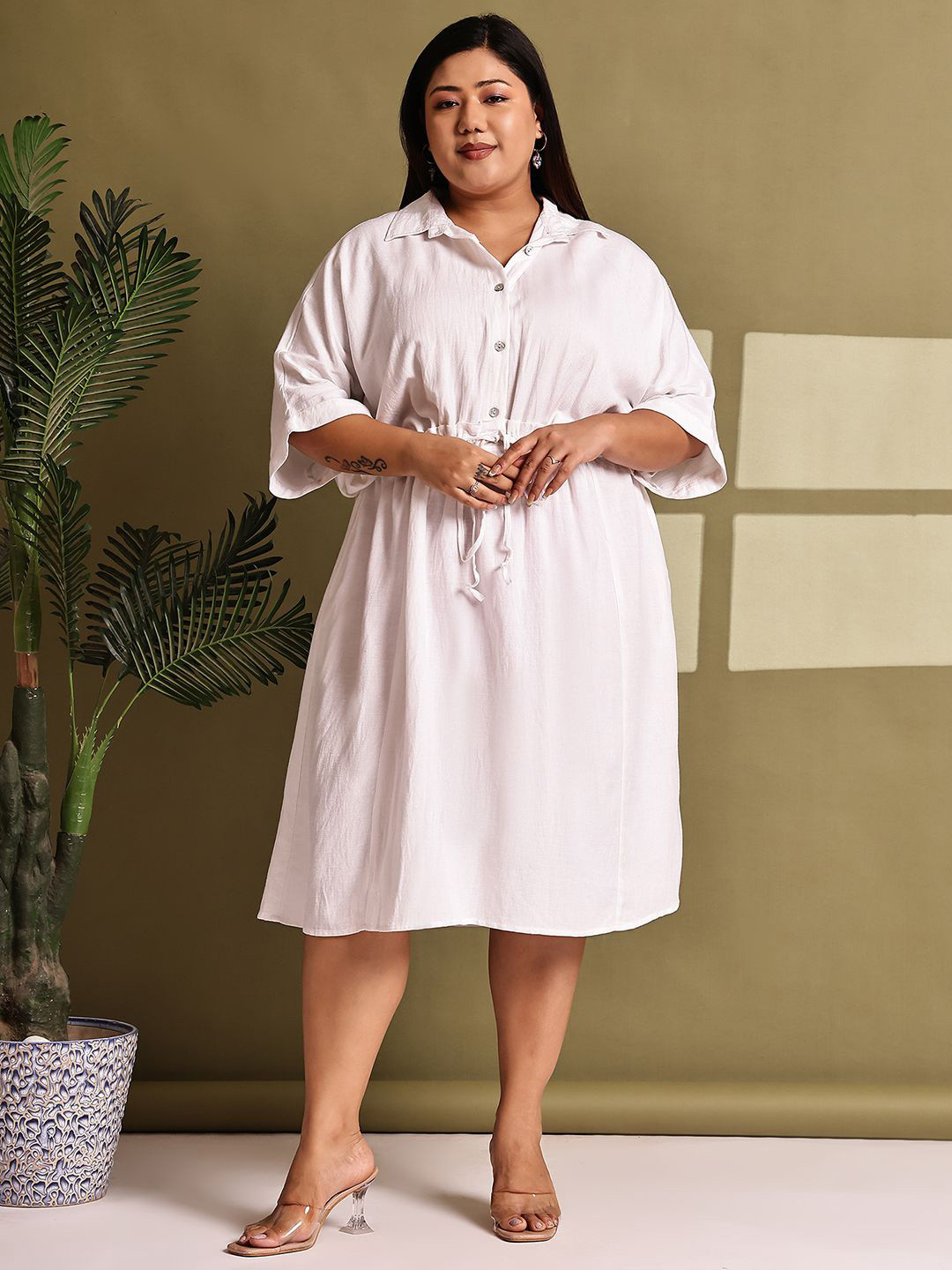 theRebelinme Women Kimono Sleeve Linen Fit-Flare Midi Dress