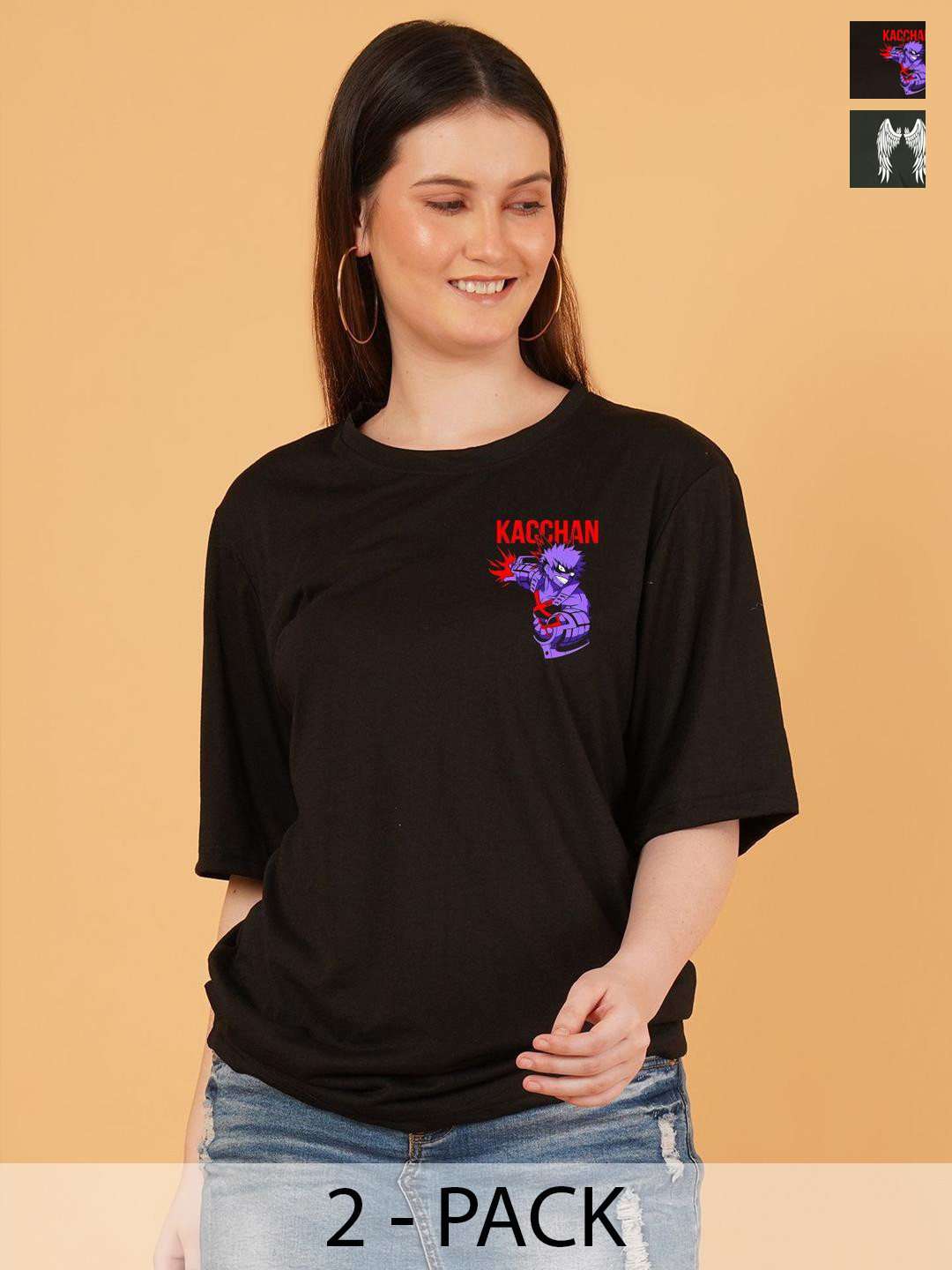 LECOWAR Women Pack Of 2 Anime Printed Slim Fit T-shirt