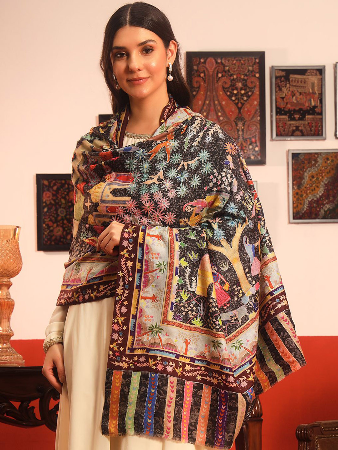Pashmoda Tribal Embroidered Kalamkari Shawl