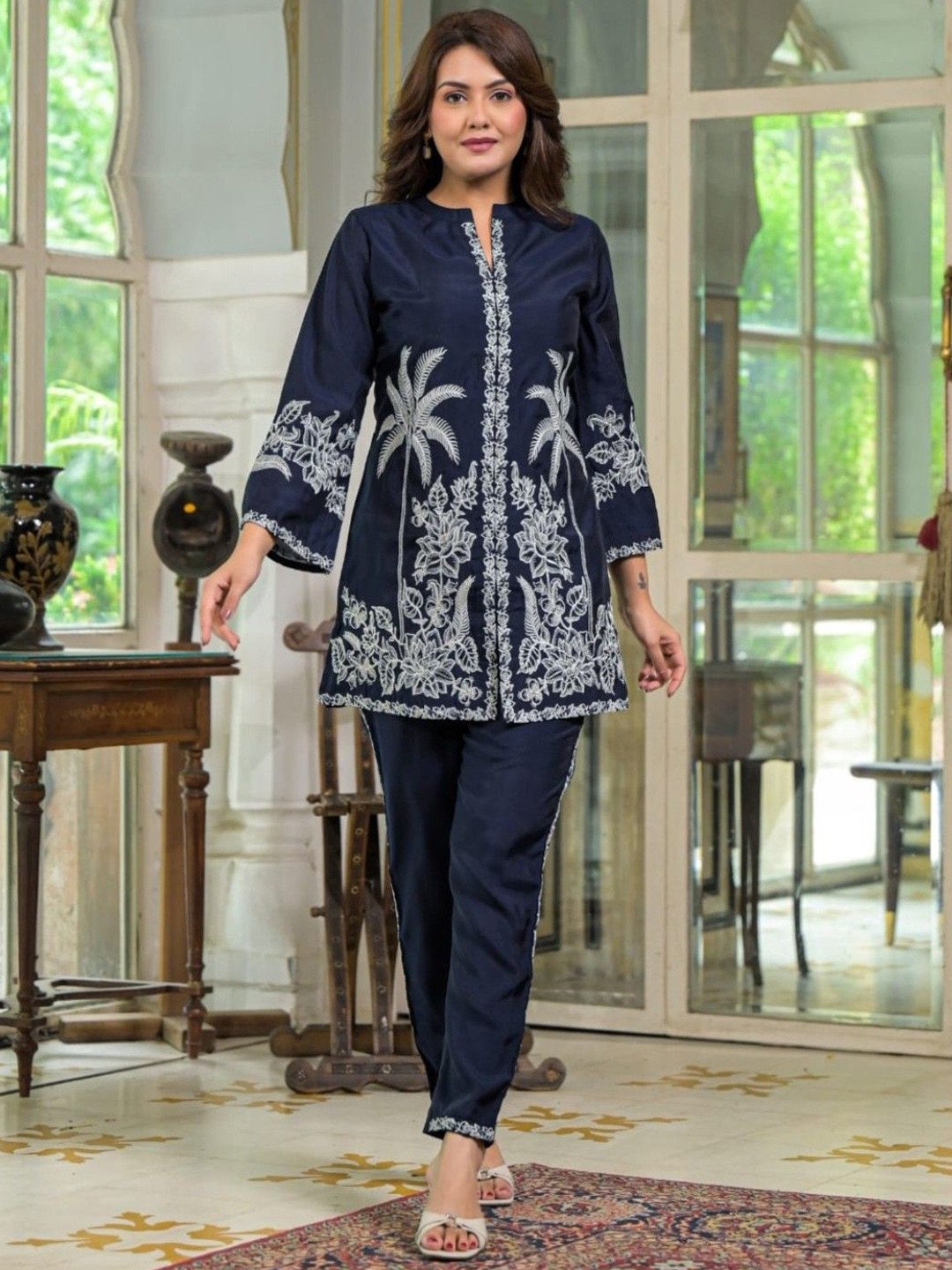 AUTUMN LANE Sanmati Azure Embroidered Mandarin Collar Pure Cotton Tunic With Trousers