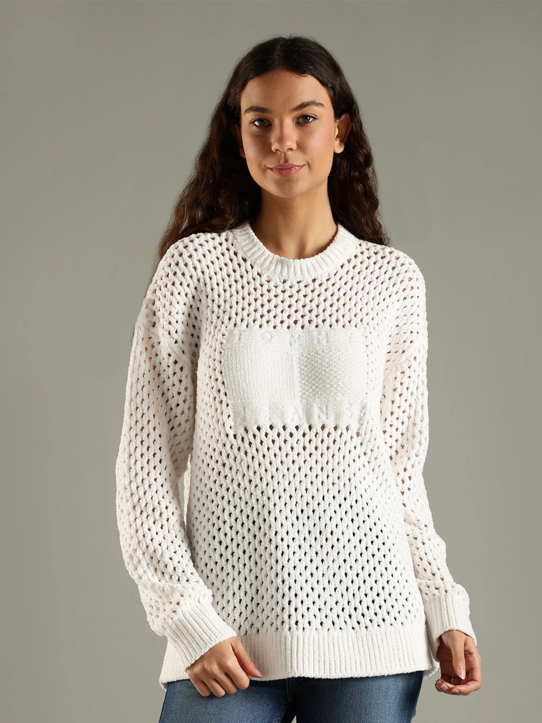 Tommy Hilfiger Women Brand Logo Self Design Round Neck Regular Pullover