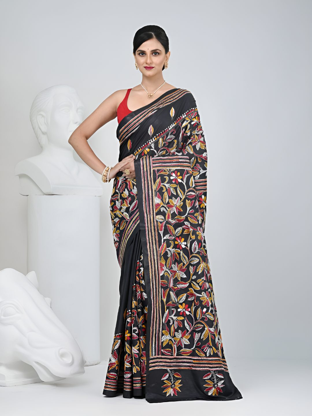 Charukriti Ethnic Motifs Embroidery Kantha Stitch Saree