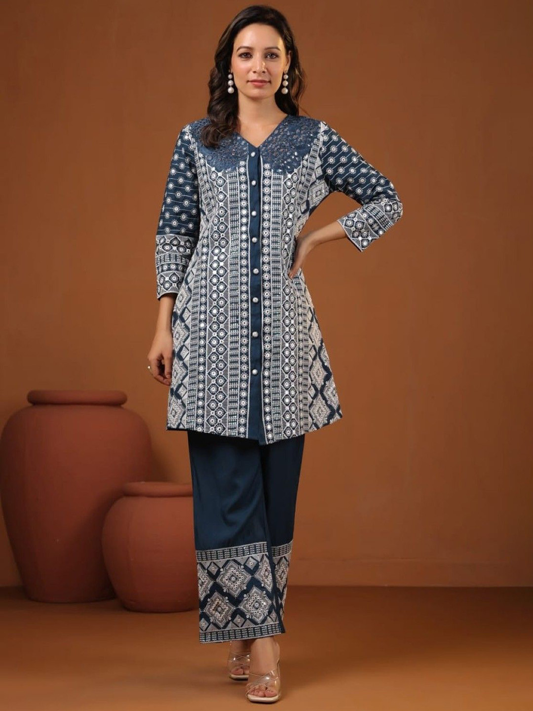 AUTUMN LANE Sanmati Mirage Embroidered V-Neck Pure Cotton Tunic With Trousers Co-Ords