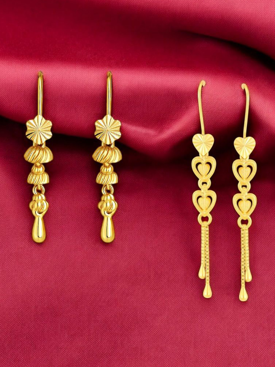 MA FASHION Set Of 2 Gold-Plated Floral Shaped Drop Earrings