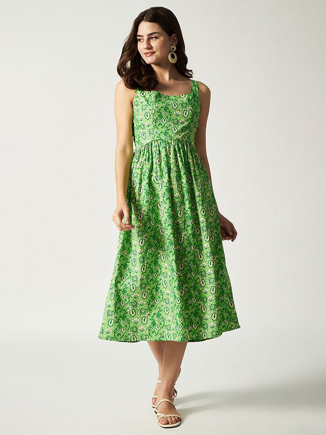 House of Sal Women Floral Printed Square Neck Cotton Fit And Flare Midi Dress