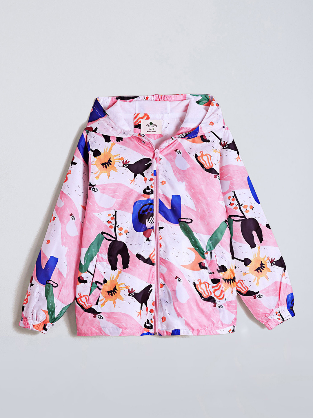Hopscotch Kids Pink & White Printed Hooded Wind breaker Zipper Jacket