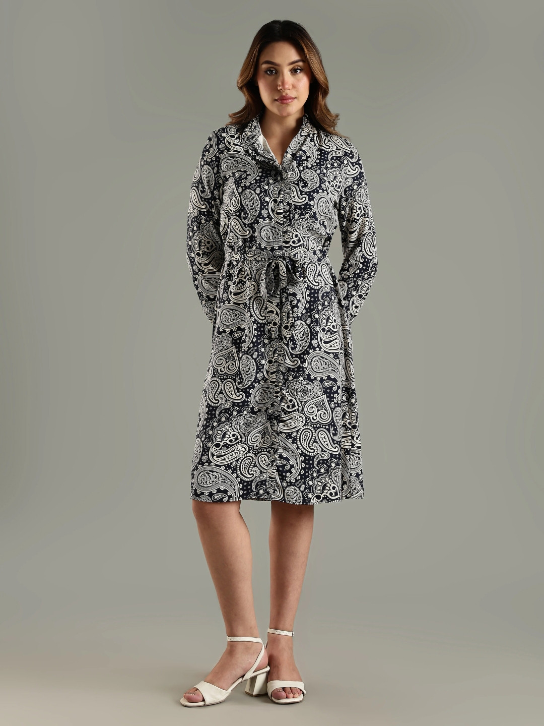 Tommy Hilfiger Women Paisley Printed Waist Tie-Ups Mandarin Collar A-Line Dress