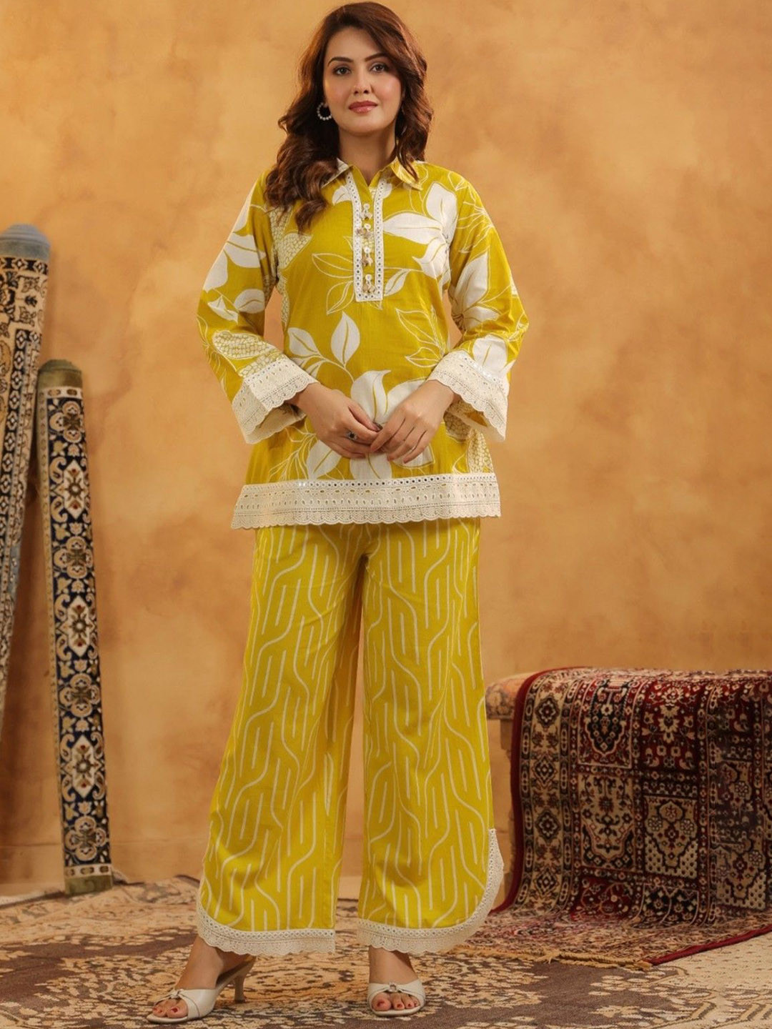AUTUMN LANE Printed Mahua Sunshine Shirt Collar Pure Cotton Tunic With Palazzo Co-Ords