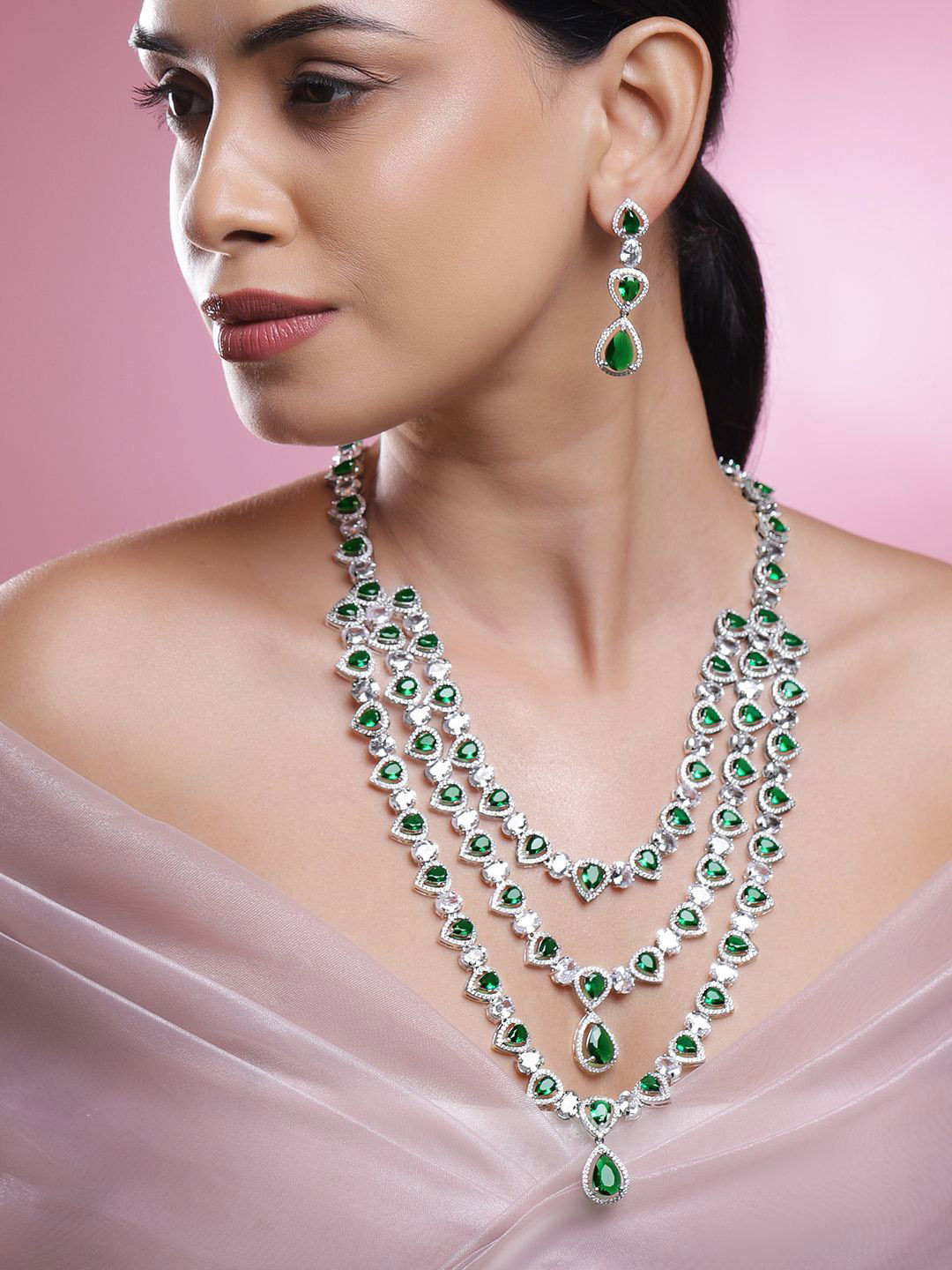 Rubans Rhodium-Plated Multi-Layer Emerald Green & Cubic Zirconia Statement Necklace Set