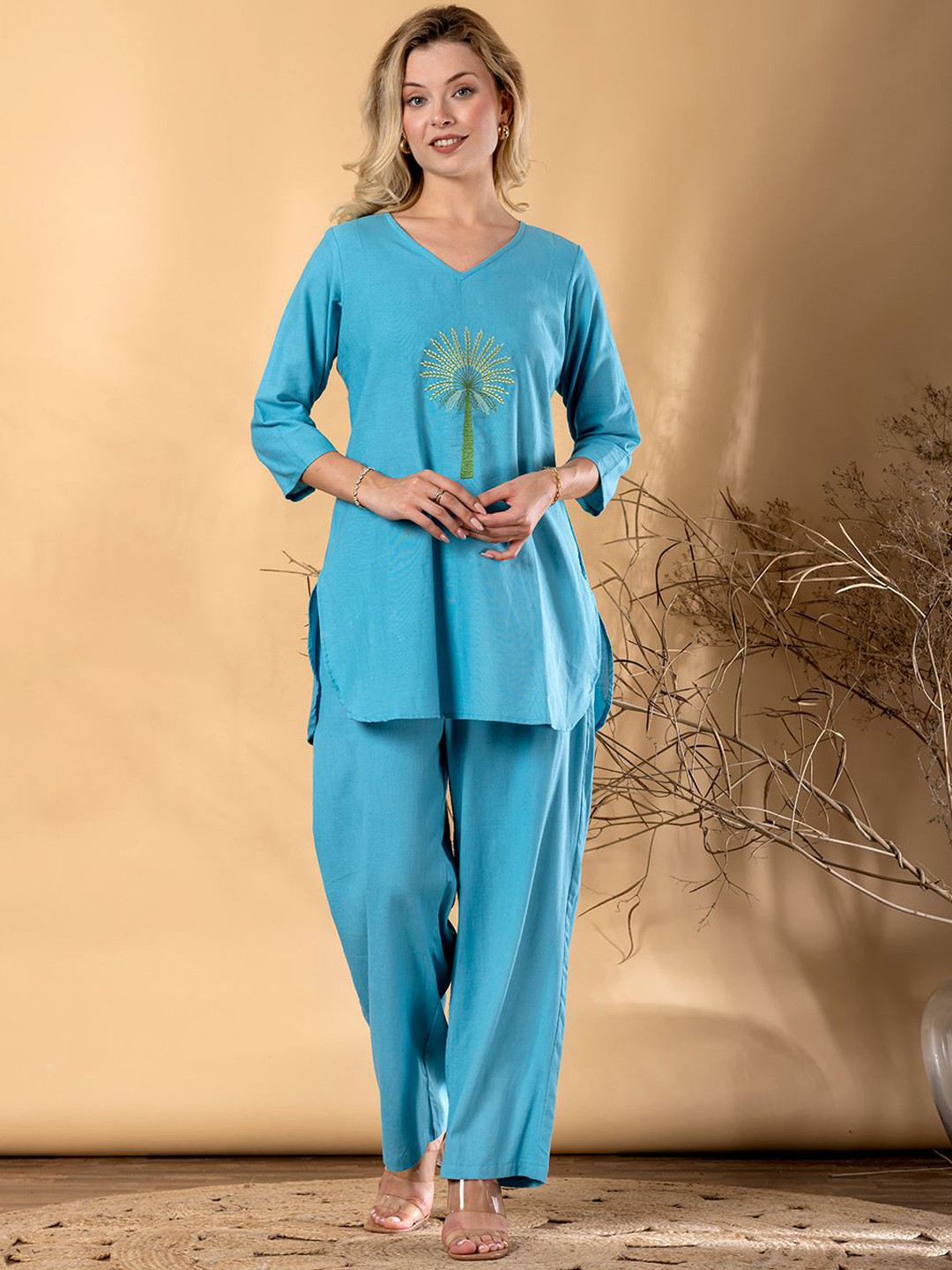 Readiprint Women Blue Curved Style Cotton Embroidered Kurta & Bottom