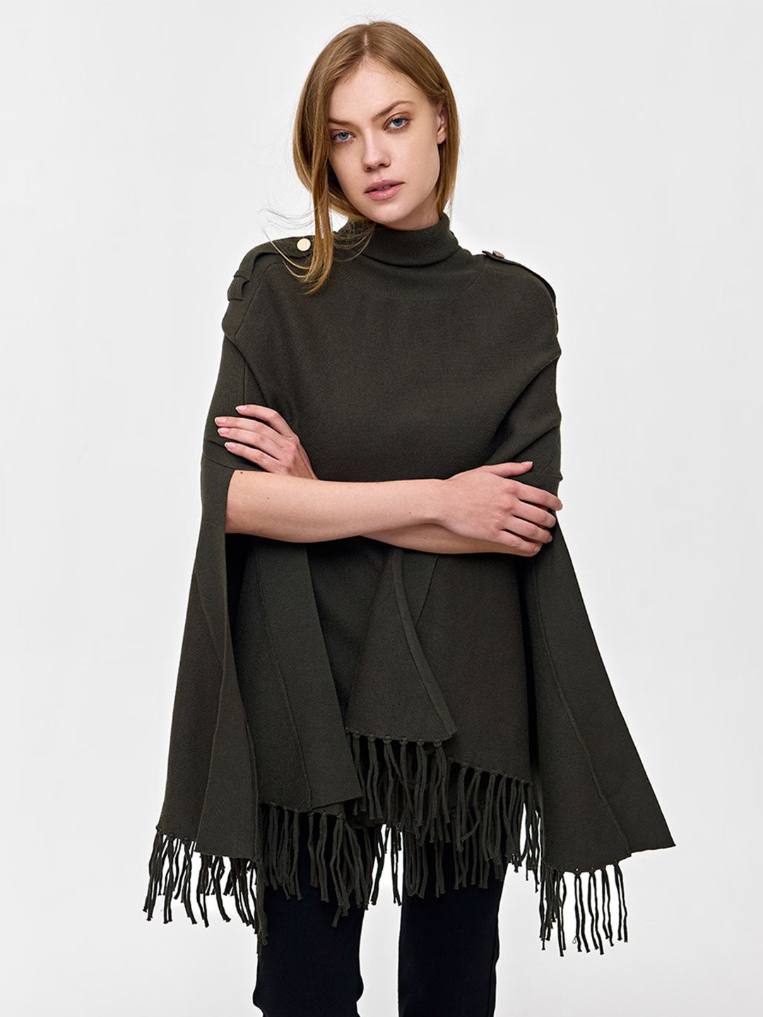 COVER STORY Women High Neck Longline Poncho With Fringes