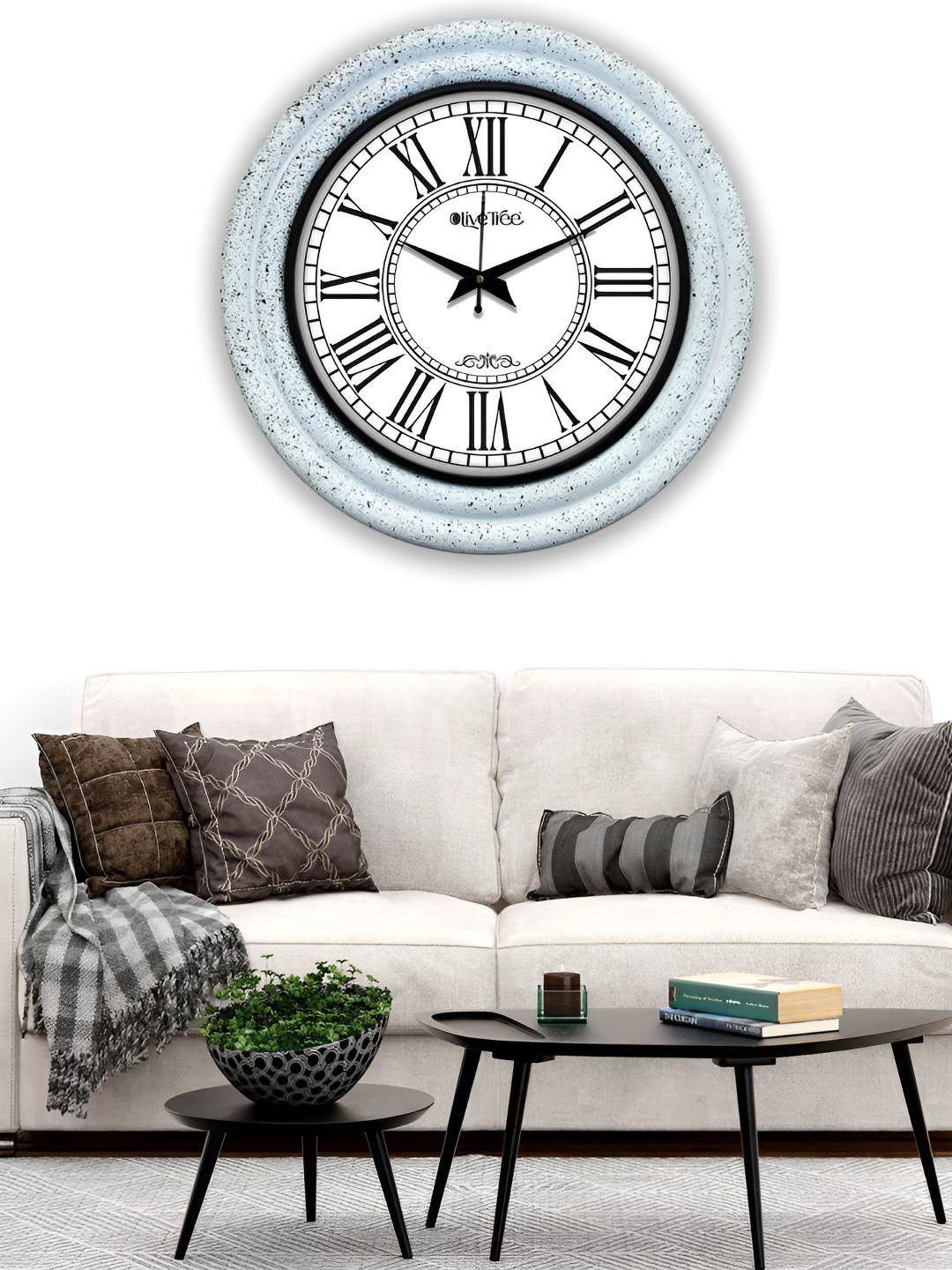 OLIVE TREE Blue & White Textured Round Modern Wall Clock