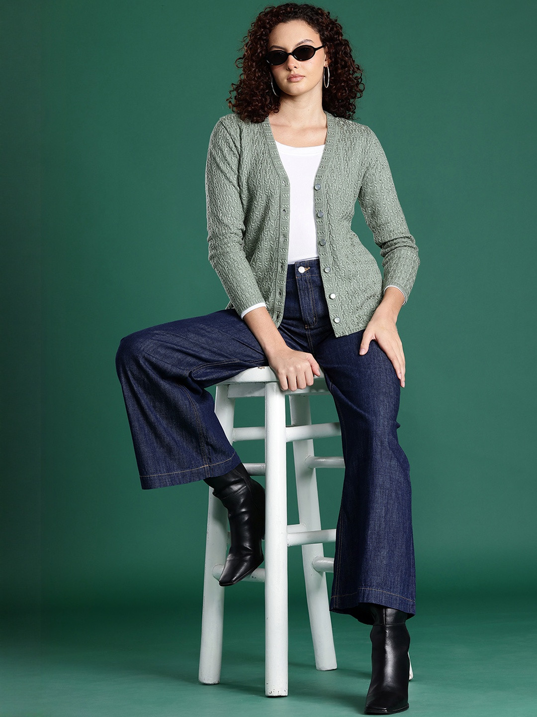 Roadster Women Sea Green Cable Knit Woollen Cardigan