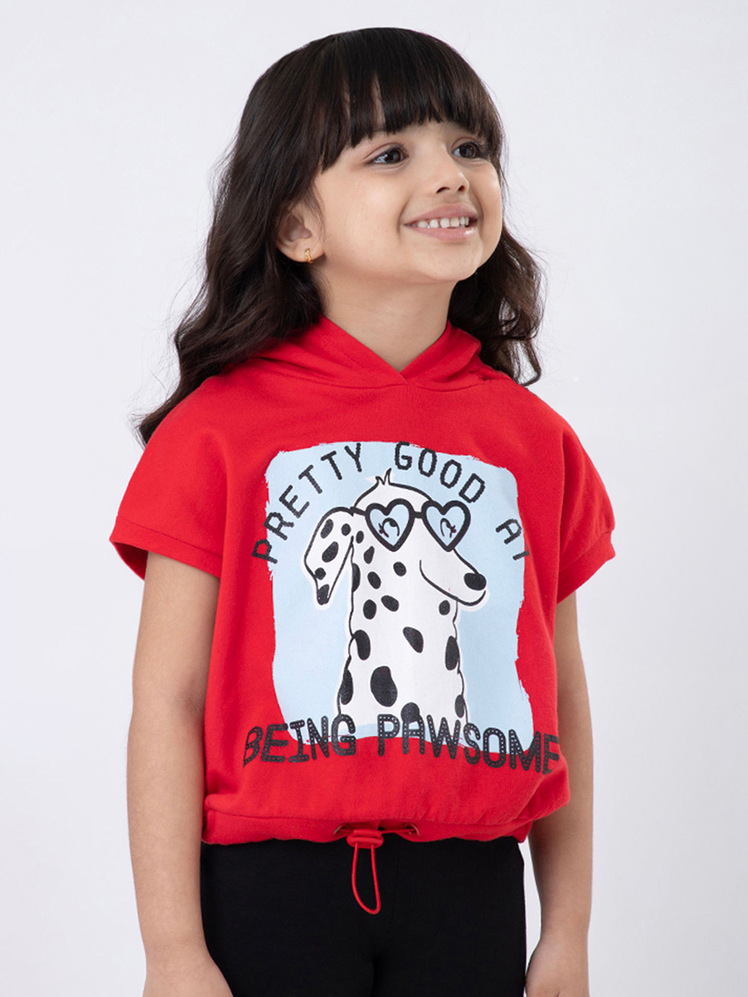 Hopscotch Girls red Cotton Cropped Hooded Sweatshirt
