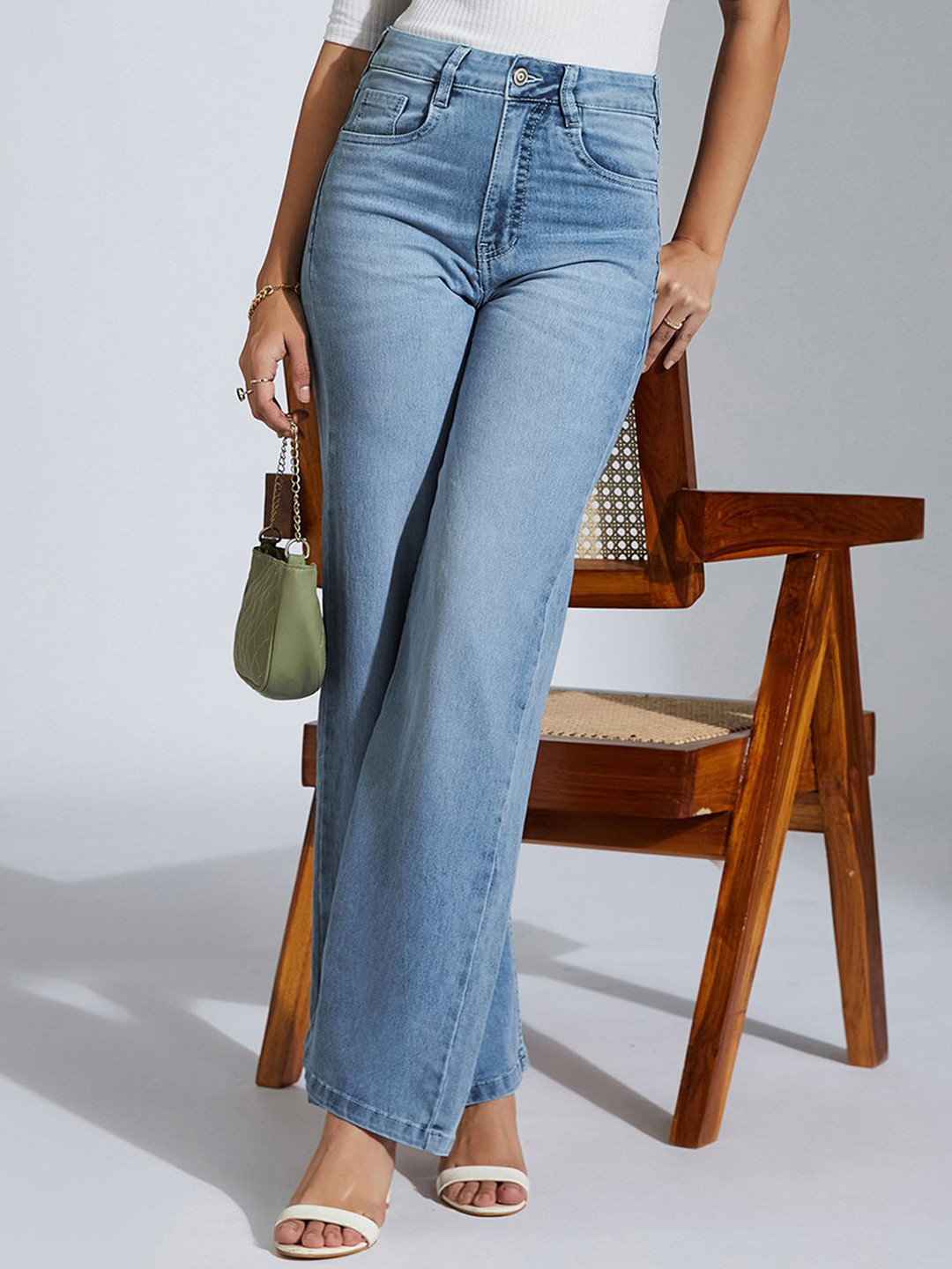 Miss Chase Women Garden Phlox Wide Leg High-Rise Light Fade Stretchable Jeans