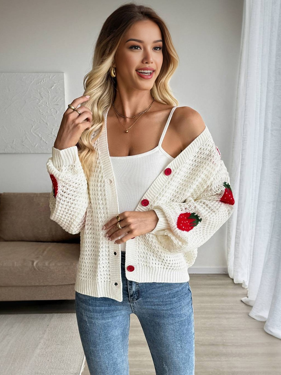 HERE&NOW Women Strawberry Print Cardigan