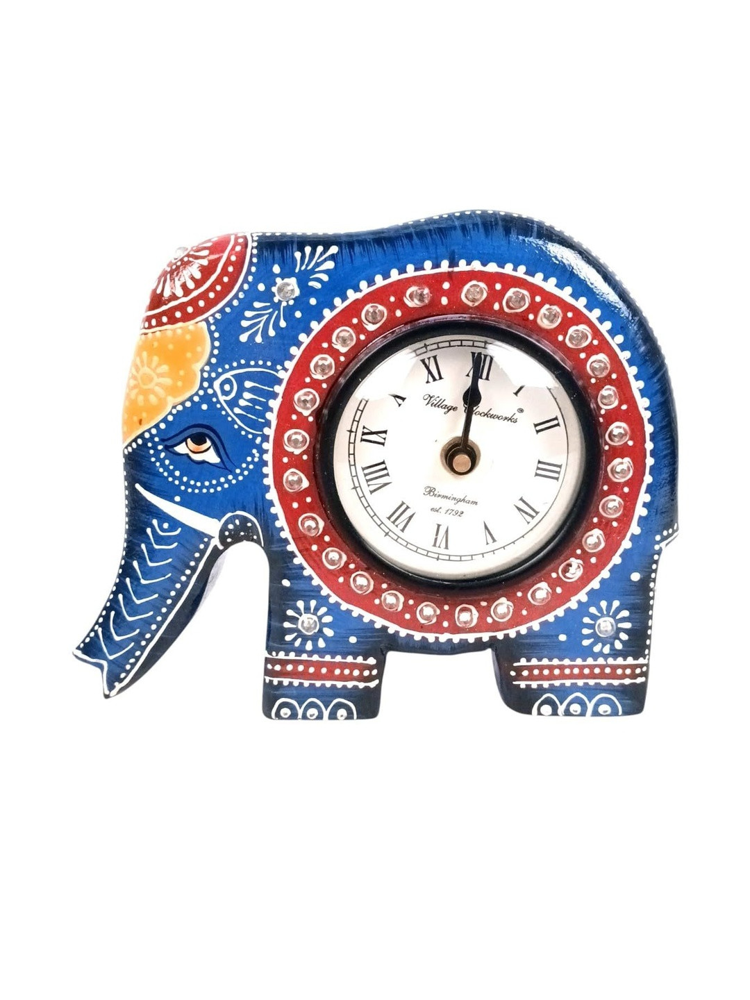 apka mart Blue Elephant Shape Painted Wooden Desk Clock Showpiece