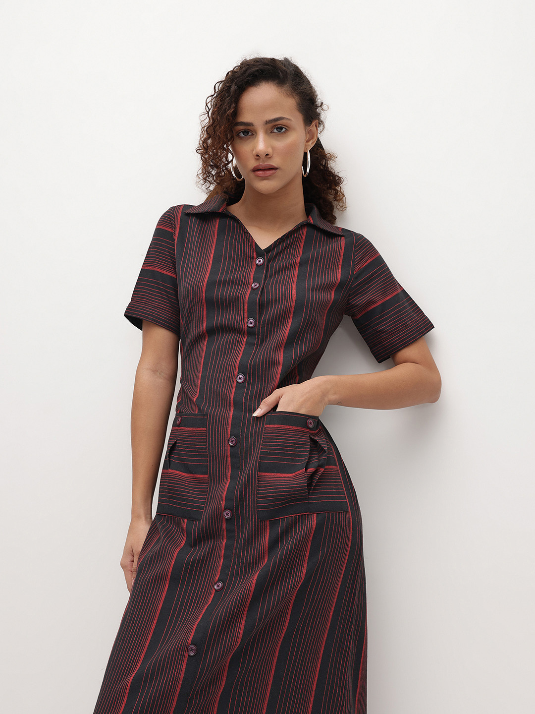 R.Code by The Roadster Life Co. Striped Shirt Pure Cotton Maxi Dress with Mock Buttons
