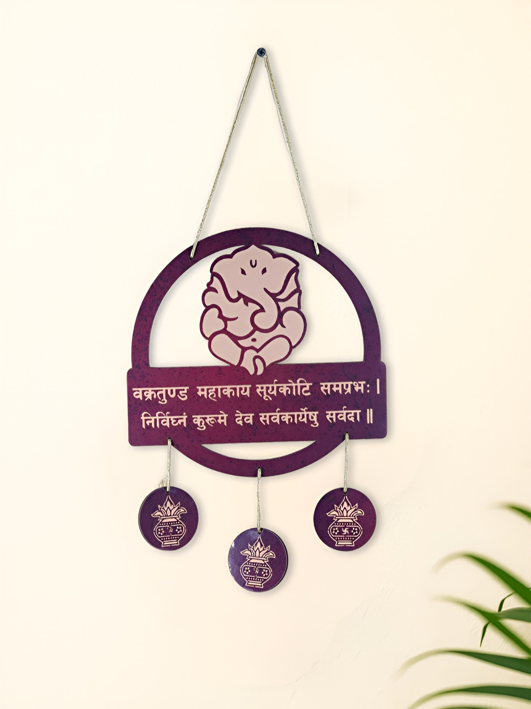 INTERNATIONAL GIFT Purple & Off White Textured Wooden Lord Ganesha Wall Hangings