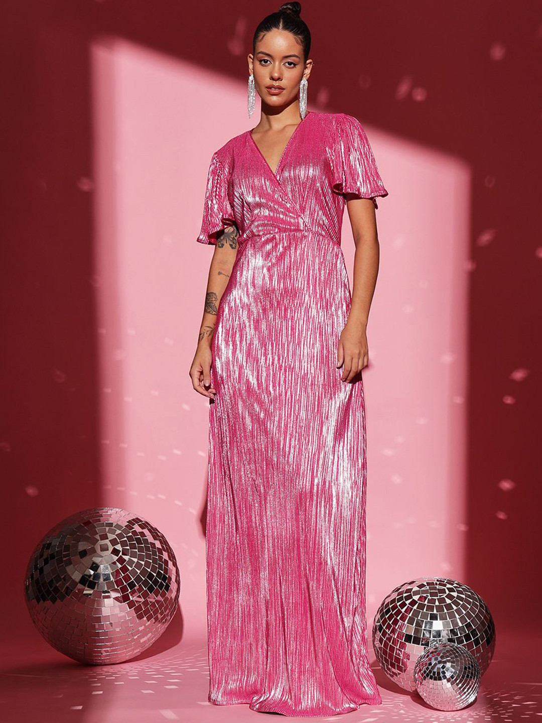 Molly & Michel Women Embellished V-Neck Flared Sleeves Satin Maxi Dress