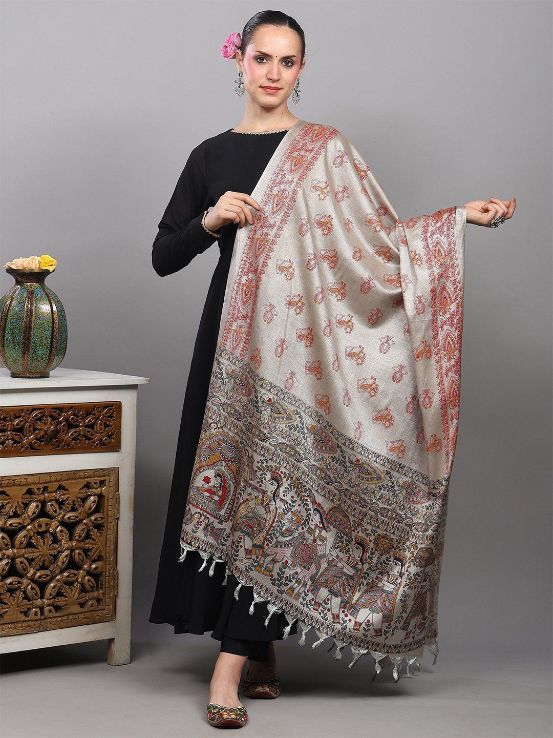 Exotic India Ethnic Motifs Wedding Palanquin and Peacocks Printed Madhubani Art Dupatta