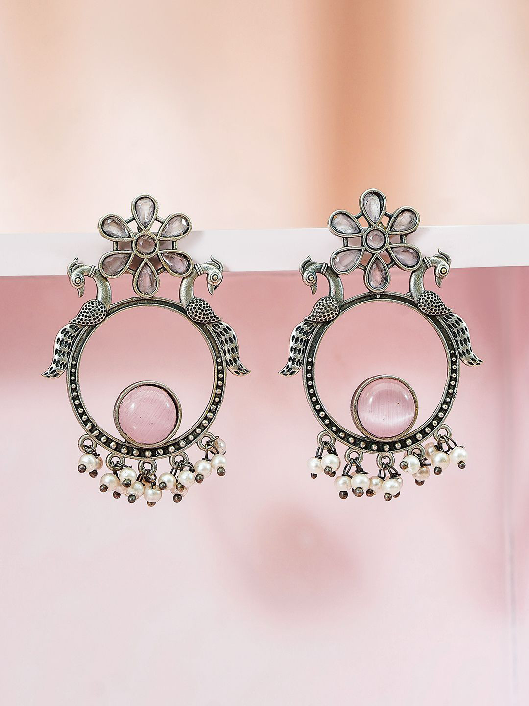 Rubans Oxidised Silver-Toned Earrings with Peacock Motif, Pastel Pink Stones & Pearl Drops