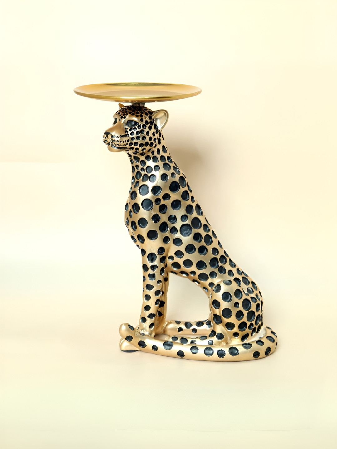 SMOKEY COCKTAIL Gold-Toned & Black Leopard Figurine Showpiece With Tray