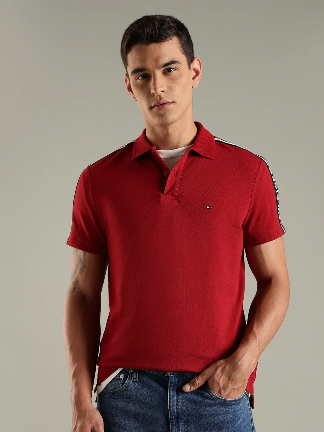 Tommy Hilfiger Brand Logo Printed Polo Collar Short Sleeves Cotton T-shirt