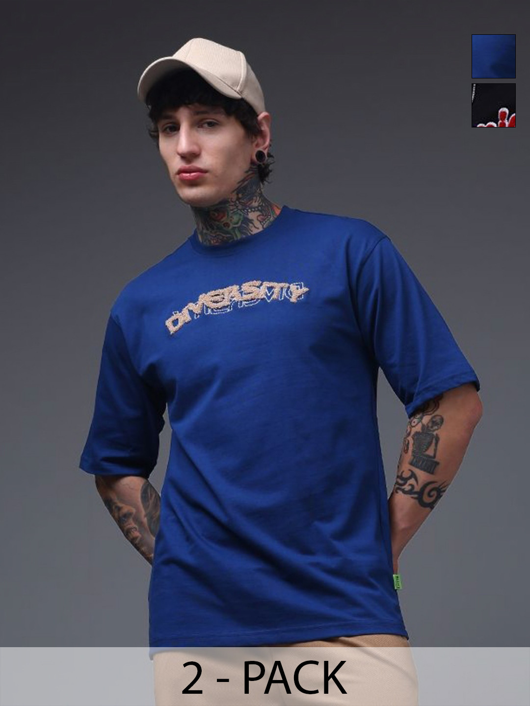 MADSTO Pack Of 2 Typography Self Design Drop-Shoulder Sleeves Regular Fit Cotton T-shirts