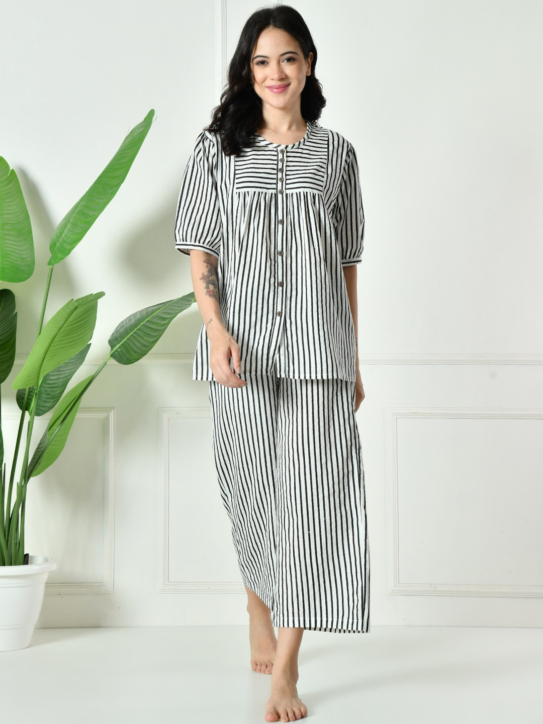 KALINI Black and White Striped Button Down Lounge set