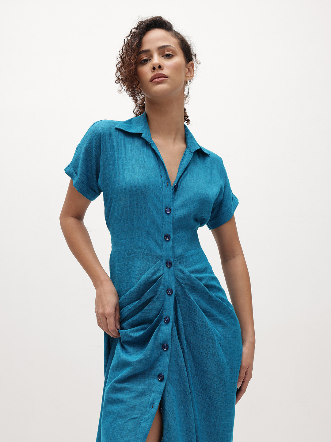 R.Code by The Roadster Life Co. Pleated Shirt Style High-Low Maxi Dress with Bow Detail