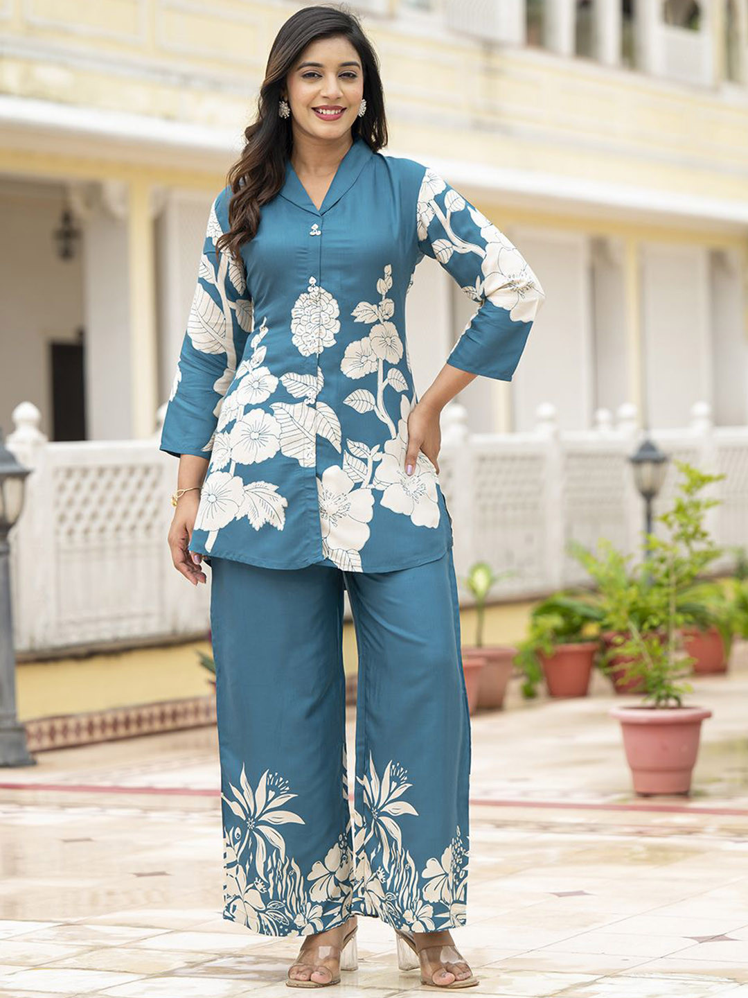 Divena Women Teal Floral Printed Muslin Co-ords sets