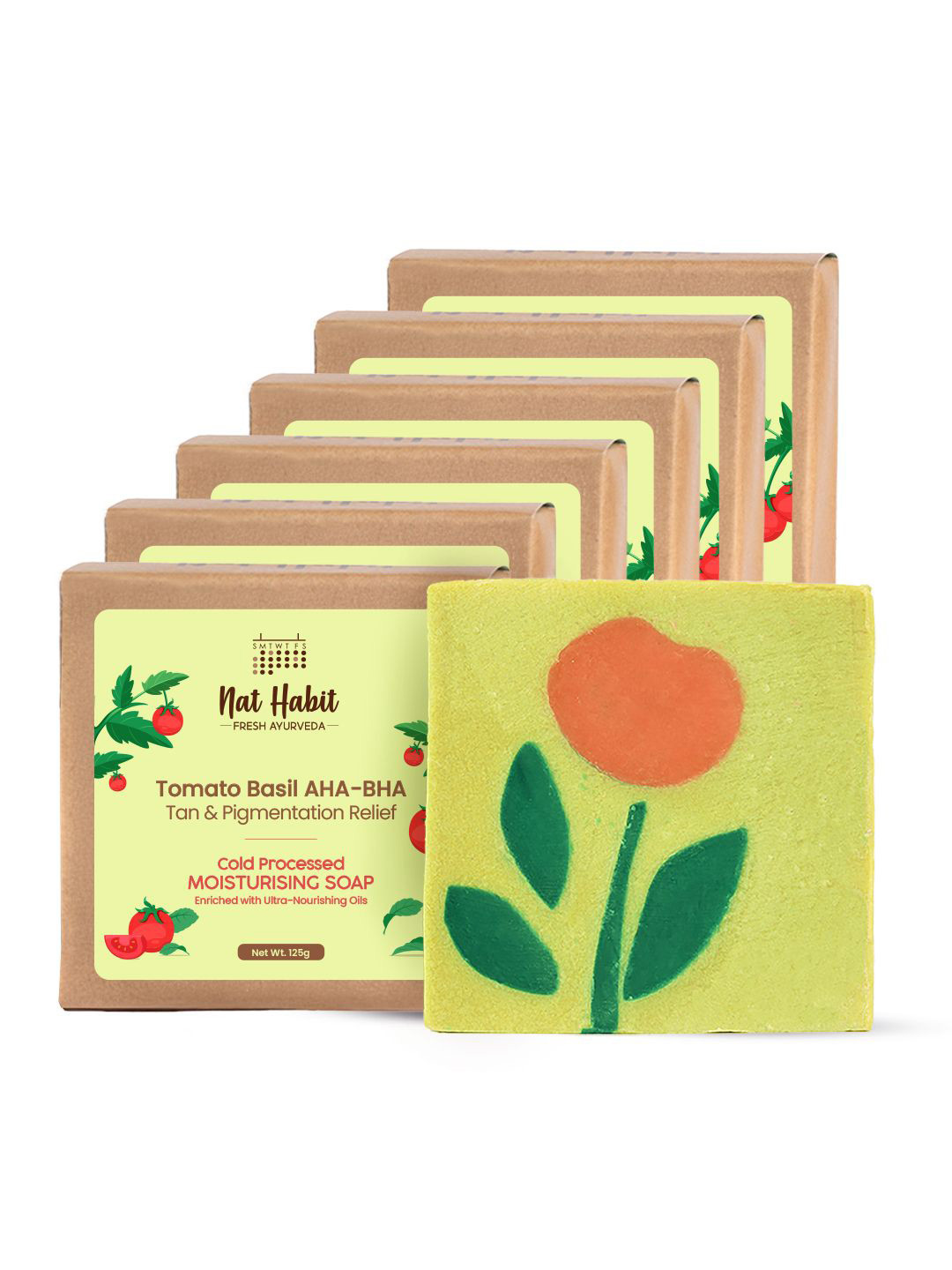 Nat Habit Set Of 6 Cold Processed Tomato Basil Soap- 125 g Each