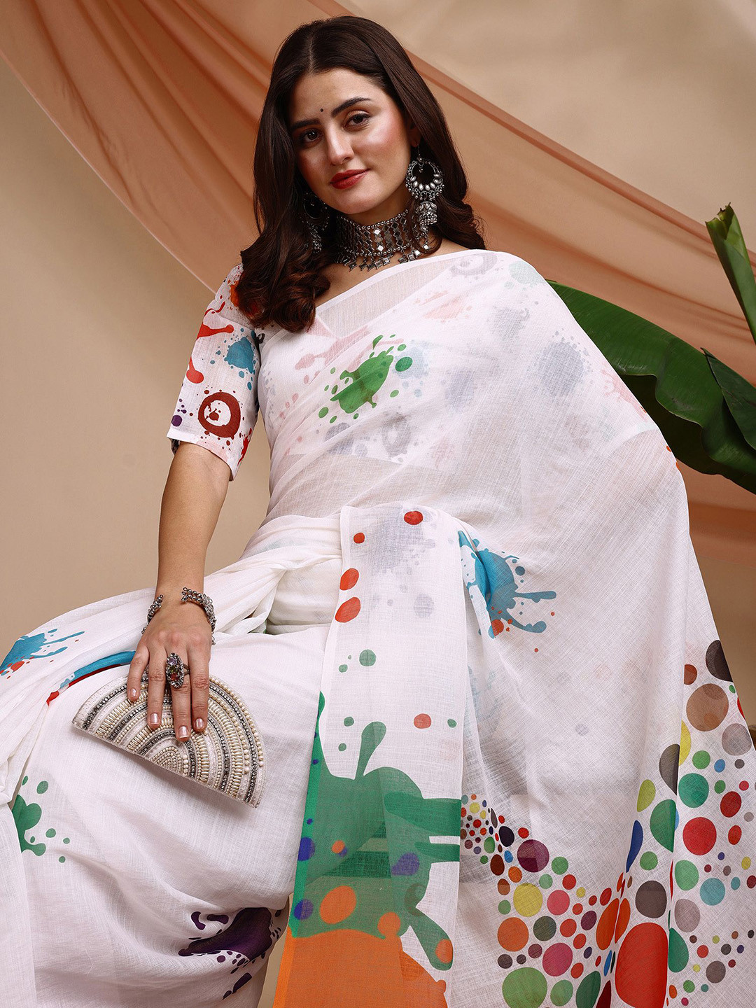 Sangria Women White Pure Cotton Printed Holi Indie Saree