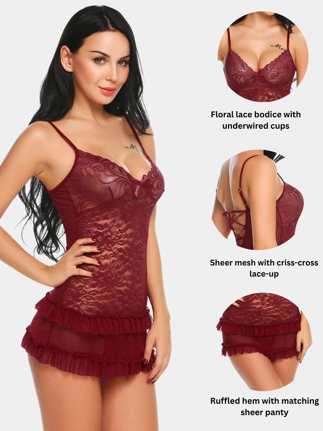 Ribald The Neech Women Maroon Lace Chemise Babydoll Nightwear