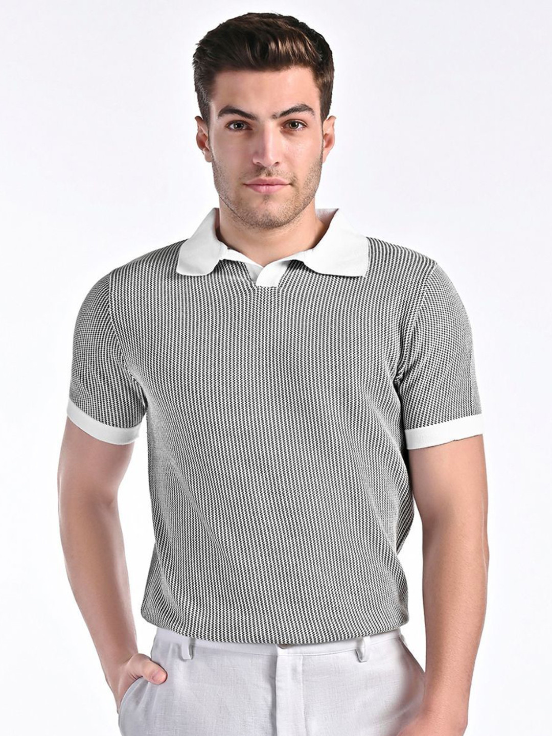 VELLURE Men Self Design Polo Collar Cotton T-shirt
