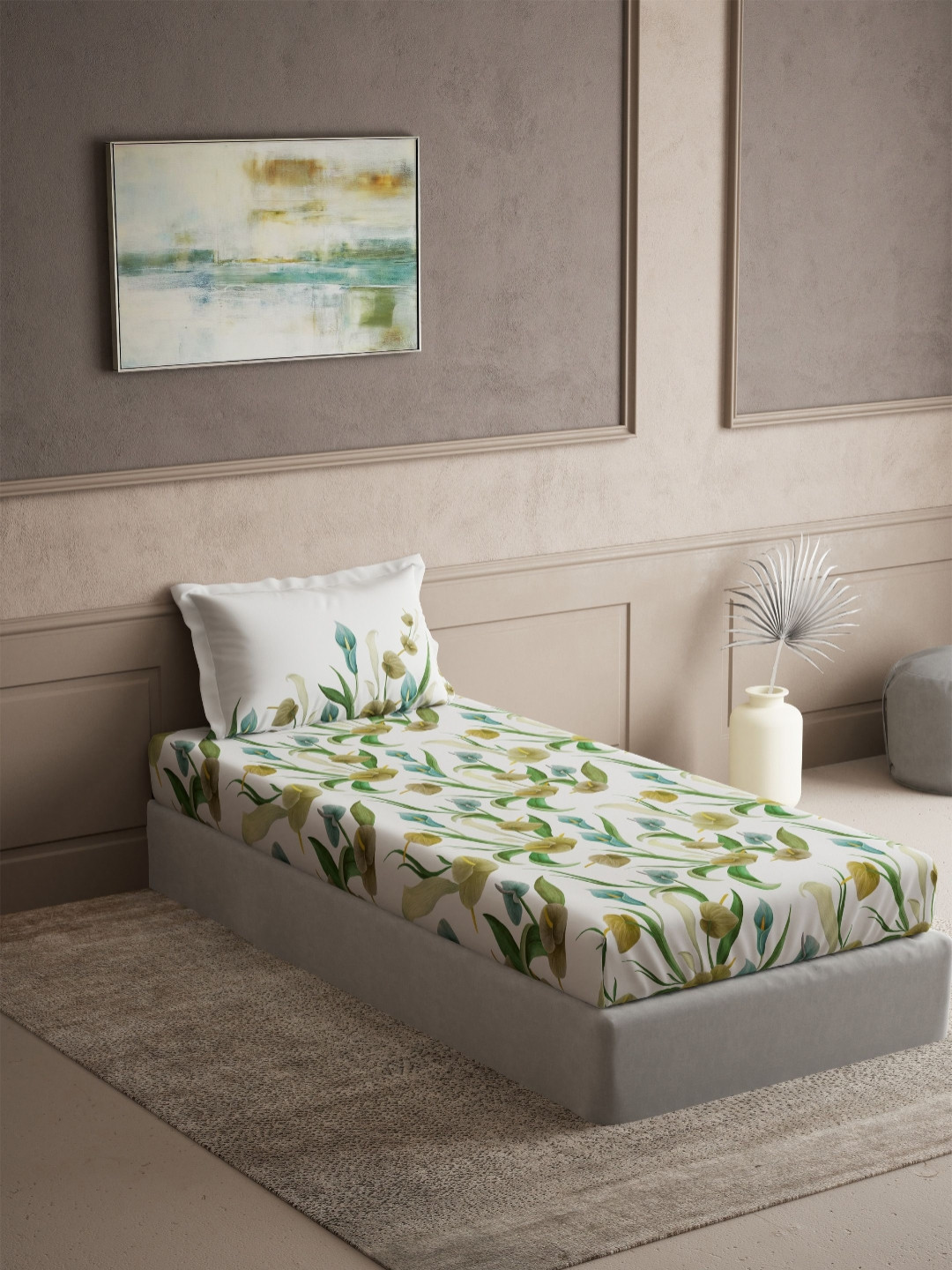 DDecor Green & White Floral 145 TC Pure Cotton Single Bedsheet - 1.52 m x 2.24 m