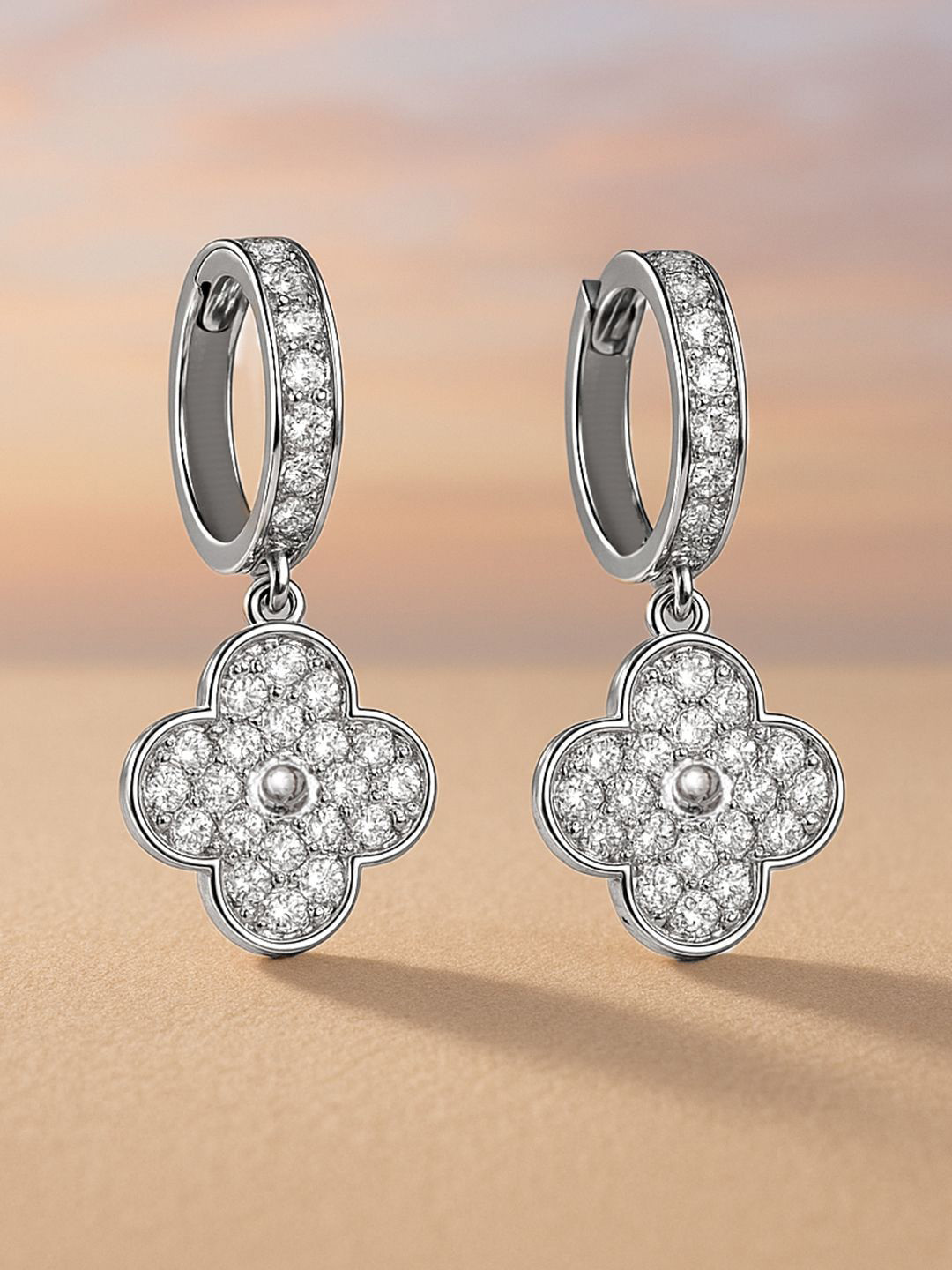 Rubans Rhodium-Plated Stainless Steel Tarnish-Free Waterproof Zirconia Clover Drop Earring