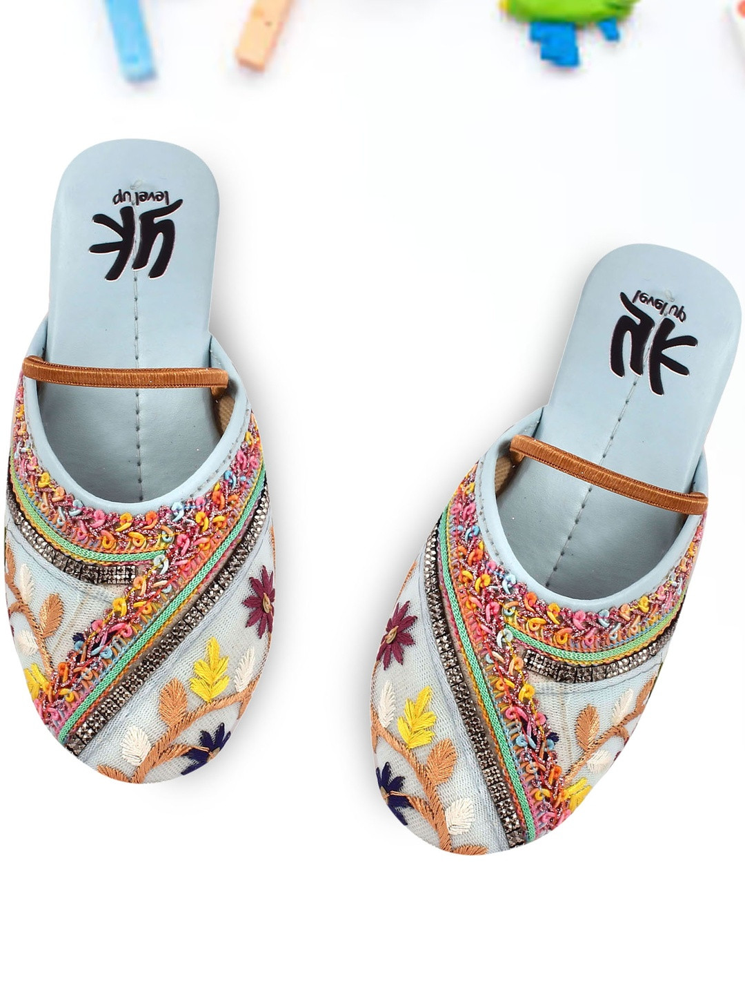 YK Girls Blue Embellished Flats With Embroidered