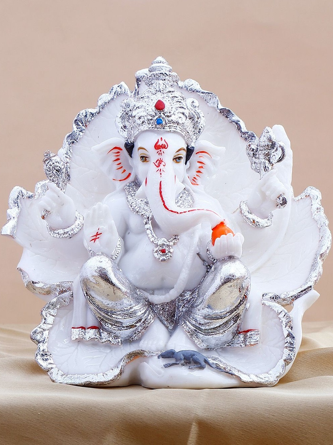 Archies White Magestic Ganesha Idol with Silver Embellishment Glossy Showpiece