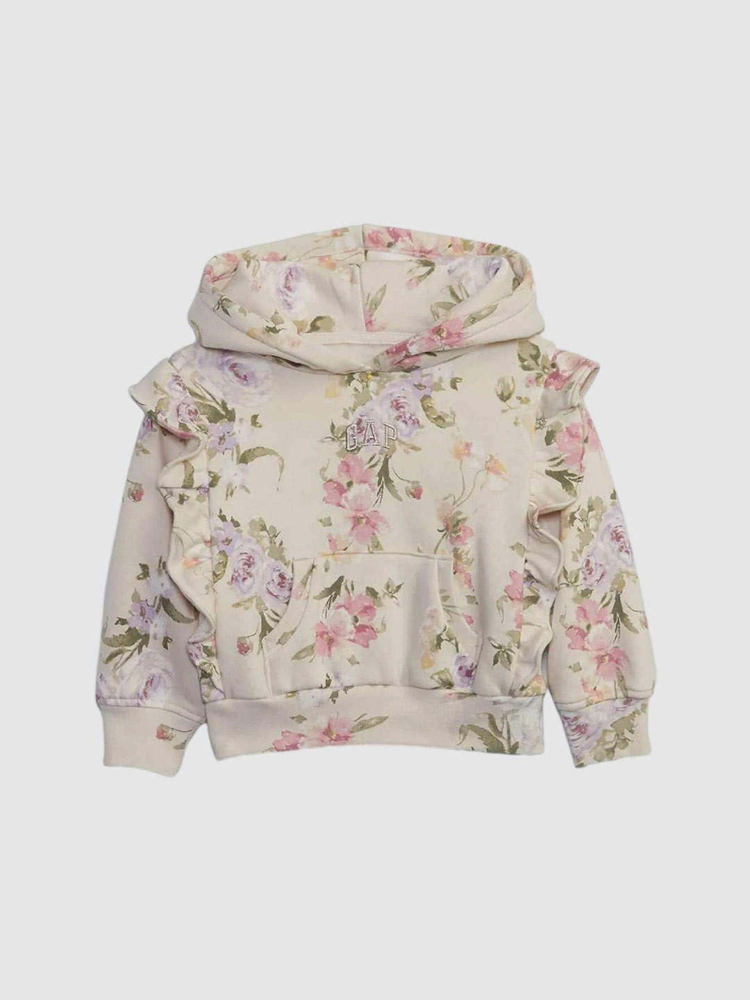GAP Kids Girls Beige Floral Printed Ruffle Hooded Sweatshirt