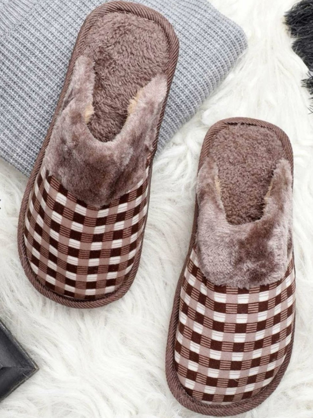 shoptegic Women Brown Fur Striped Slippers