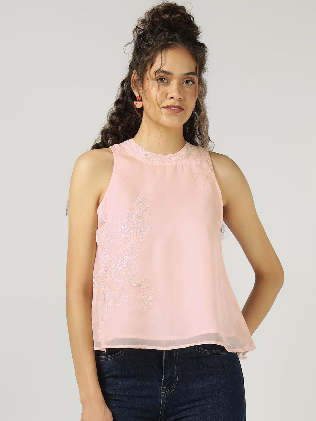 Sands of India Floral Embroidered Peach Organza Halter Neck Top