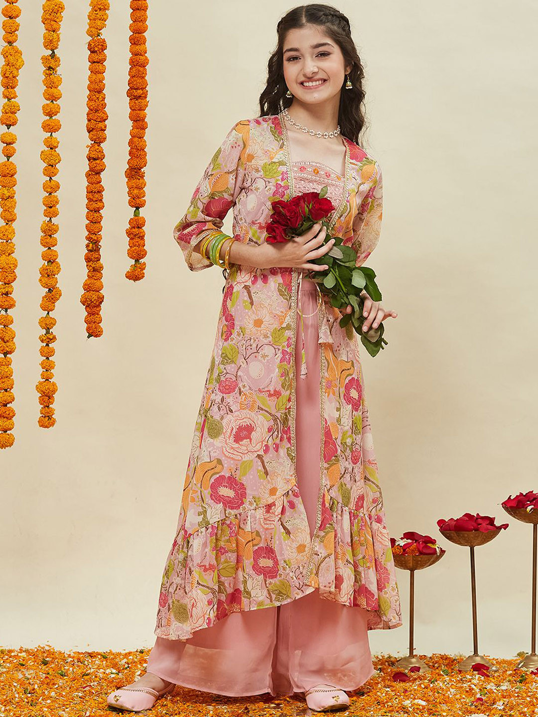 CurlyTales Girls Georgette Floral Pattern Blouse and Plazzo with kaftan Shrug Set