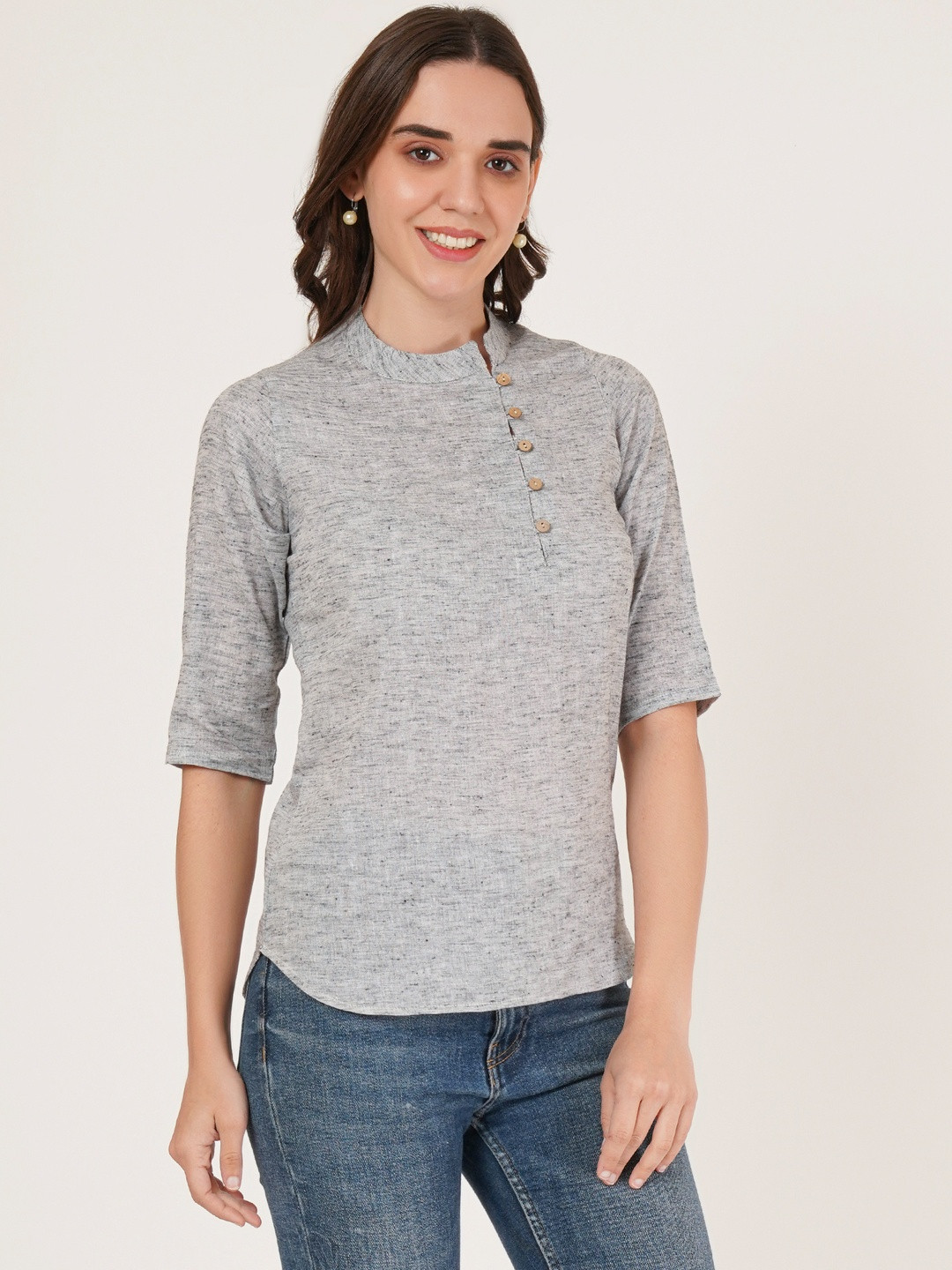 Diktmark Women Mandarin Collar Cotton Shirt Style Top