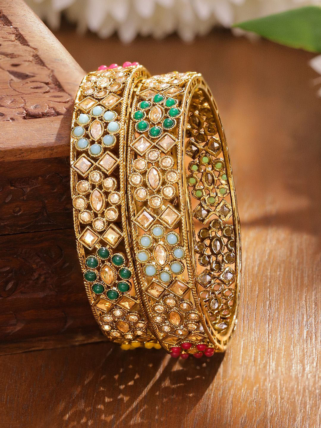 Rubans Set of 2 24K Gold-Plated Handcrafted Multicolour Kundan & Beaded Floral Bangles