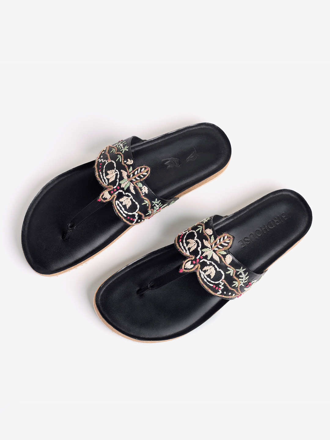 BIRDHOUSE Women Birdhouse Panchi Cork Slides Black Elevated Cork Detail T-Strap Flats